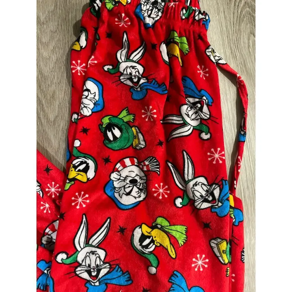 Looney Tunes Christmas Pajama Pants, Youth Medium, red with Bugs Bunny, Daffy